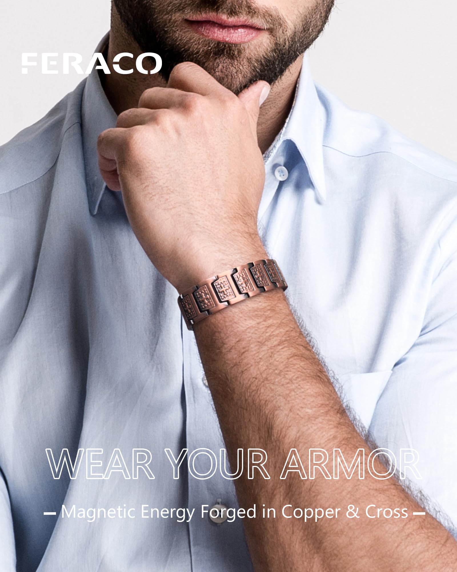 Feraco magnetic copper bracelet showing 48 magnets arranged throughout the cross motif
