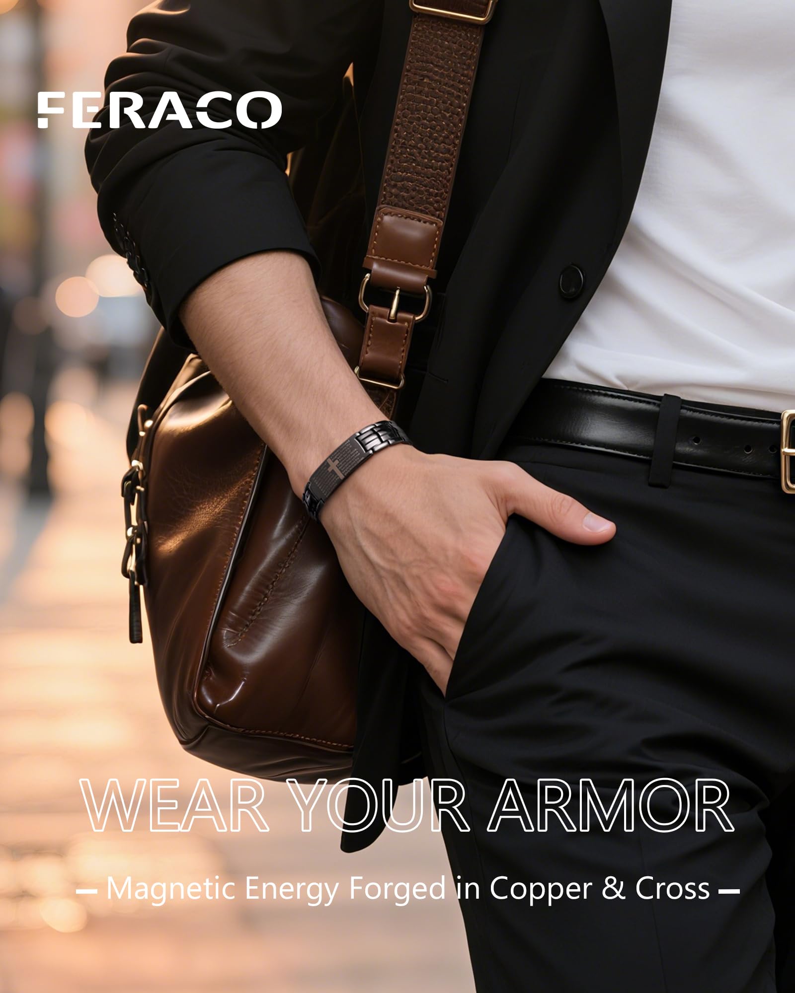 Feraco copper cross bracelet worn on wrist during daily activities