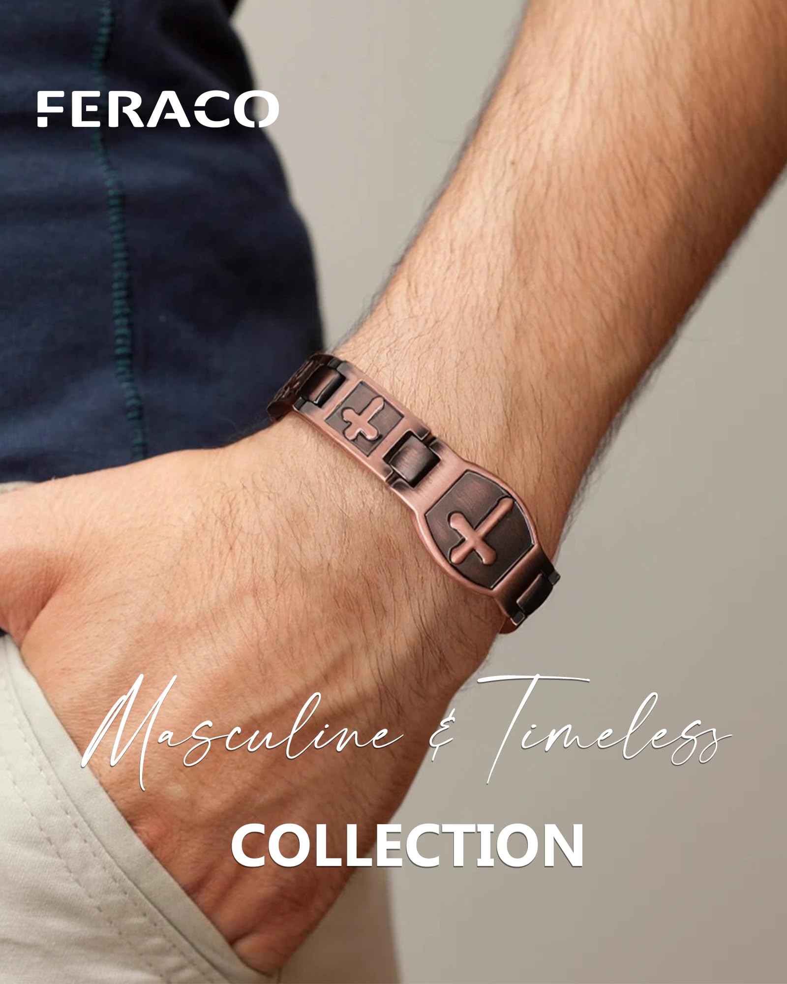 Feraco copper cross bracelet on wrist illustrates adjustable size for perfect fit.