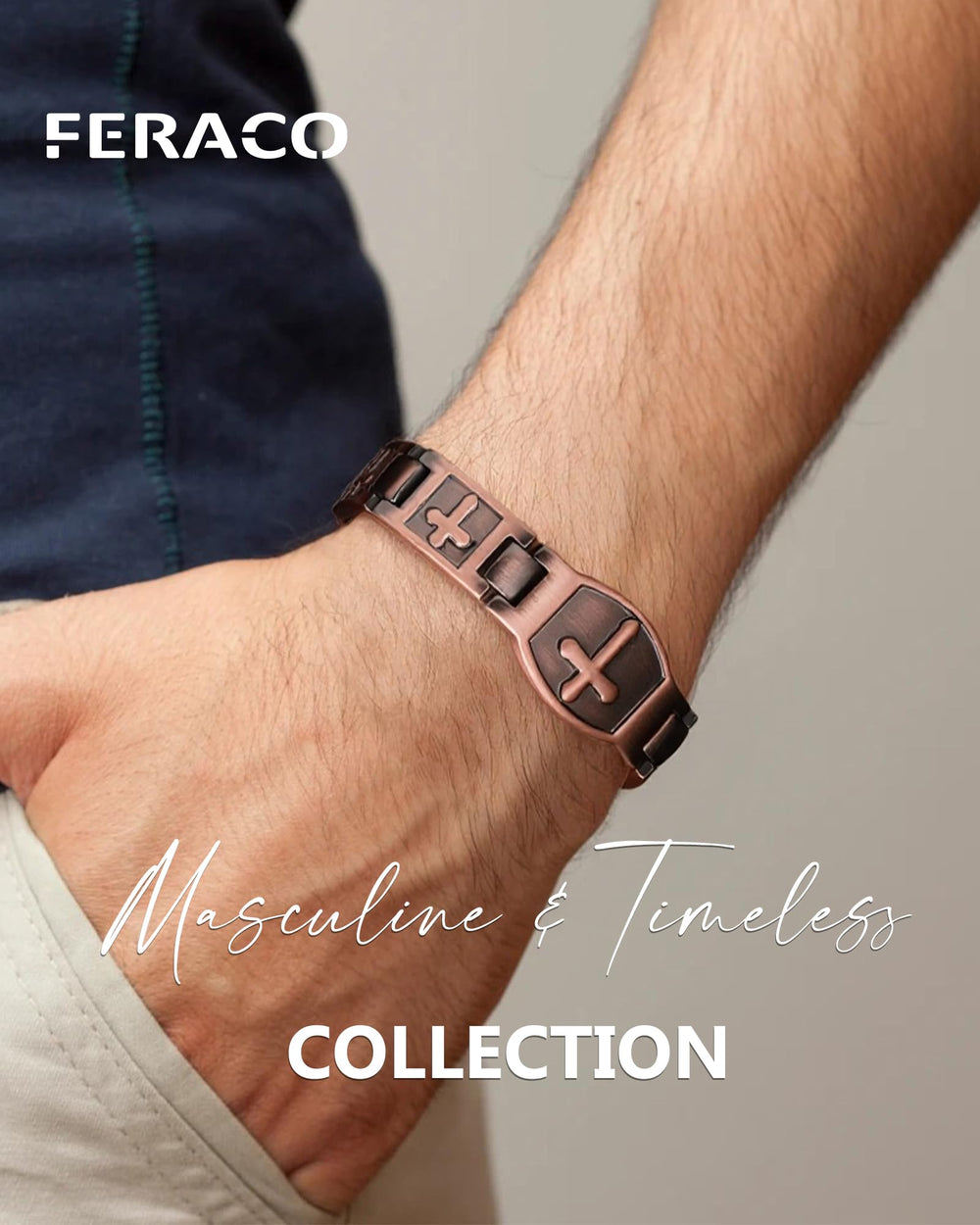 Feraco copper cross bracelet on wrist illustrates adjustable size for perfect fit.