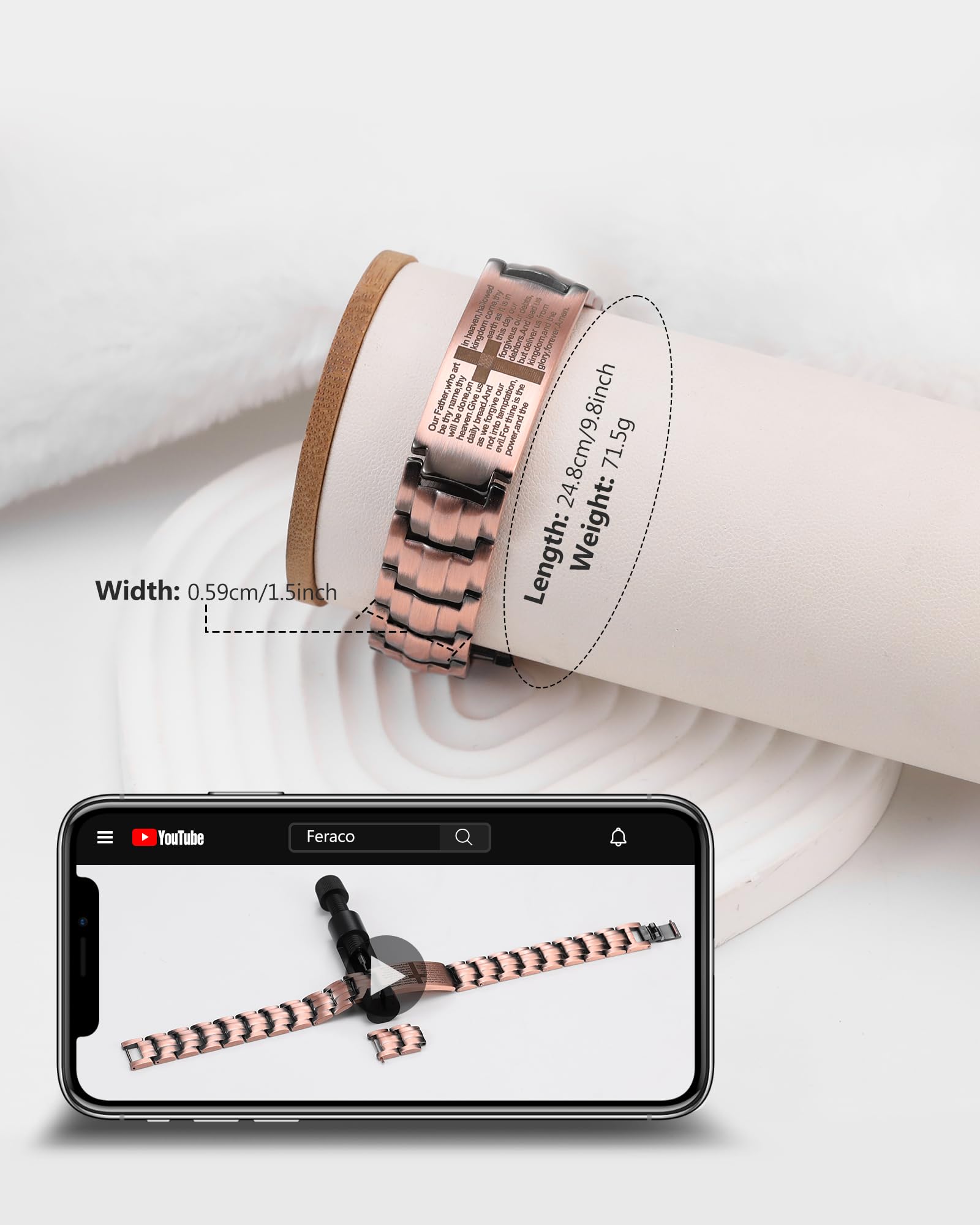 Feraco copper cross bracelet packaging presented as an elegant gift.