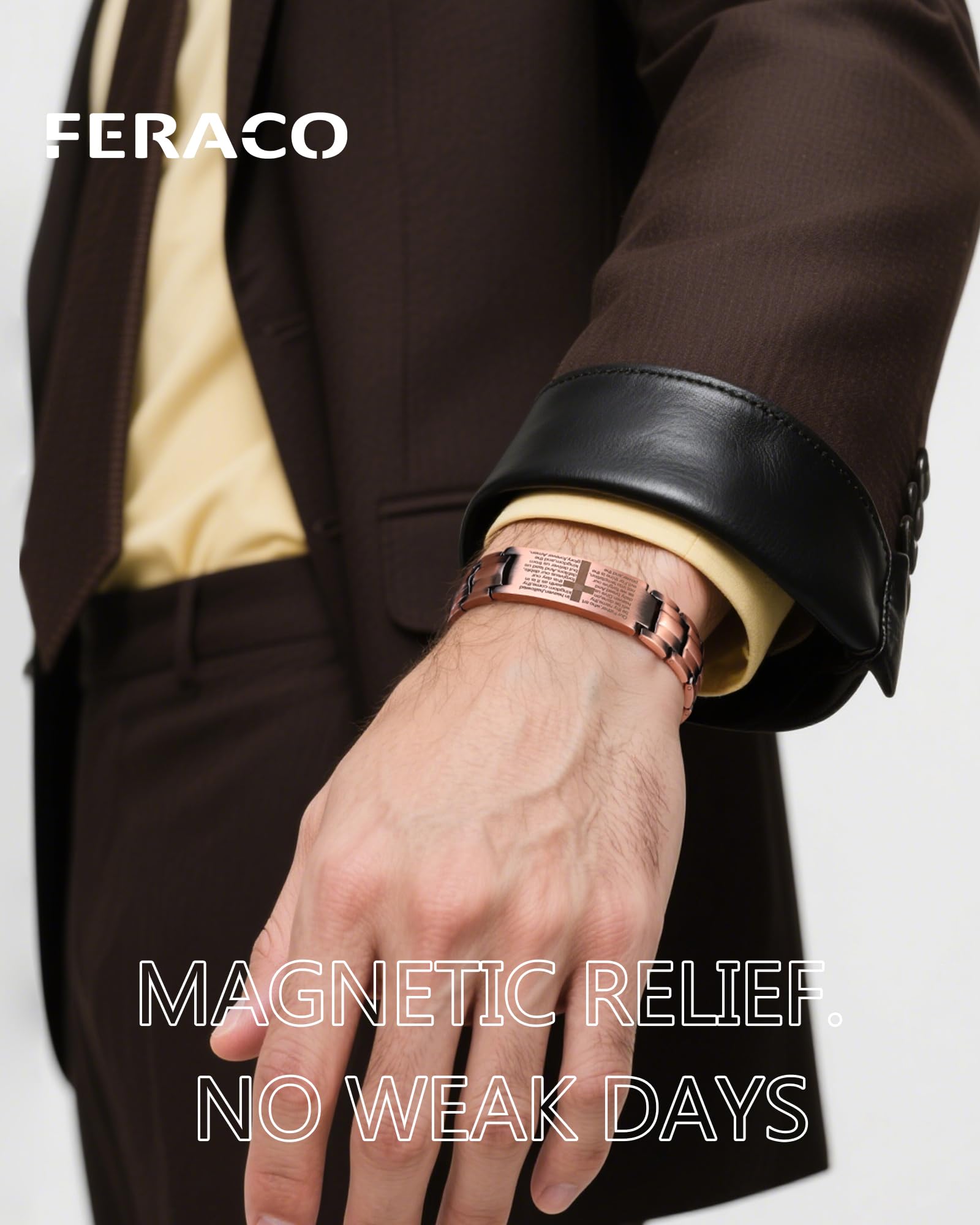Feraco copper cross bracelet side view showing clasp and magnets for comfort.