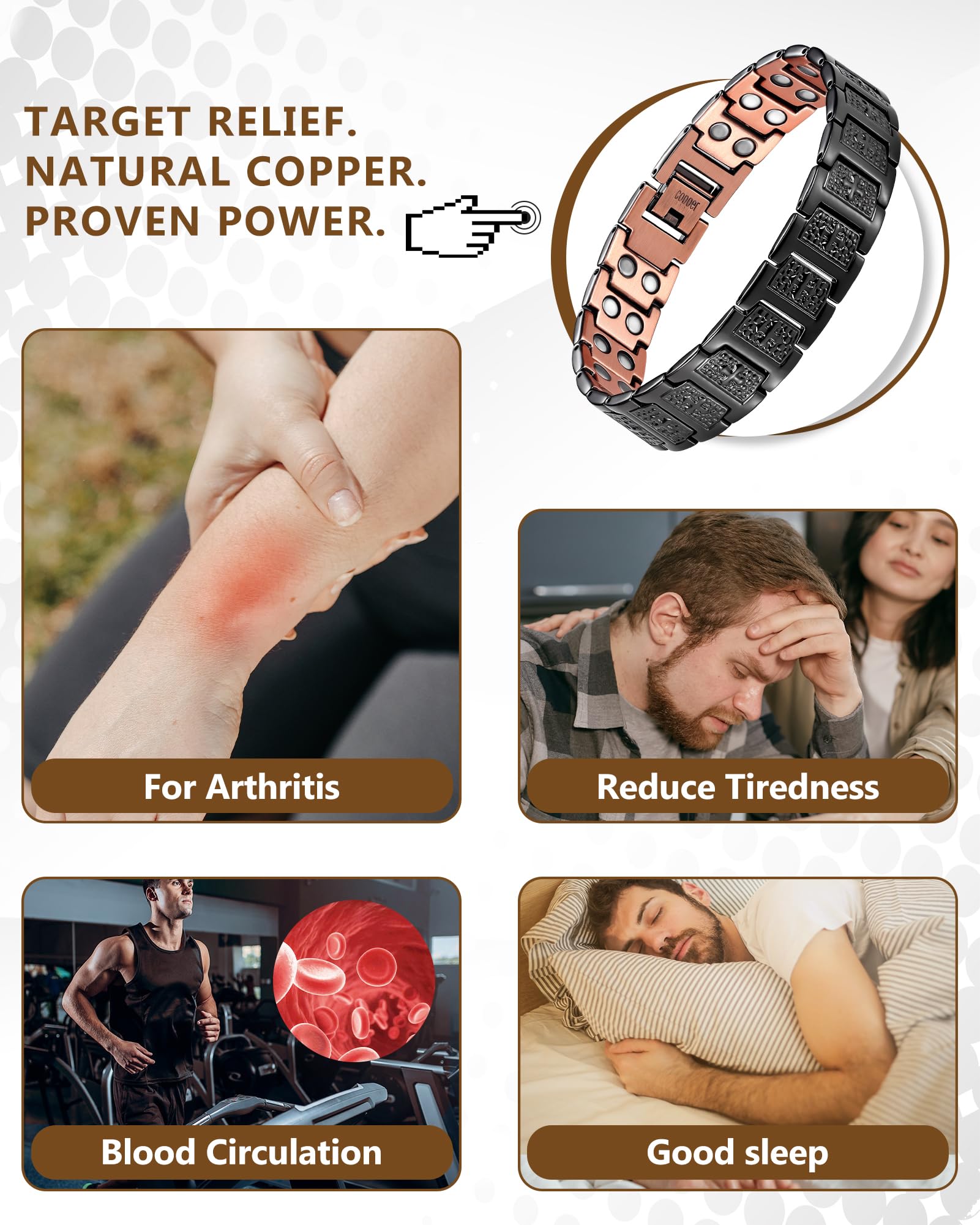 Feraco copper cross bracelet side view on wrist, showcasing silhouette.