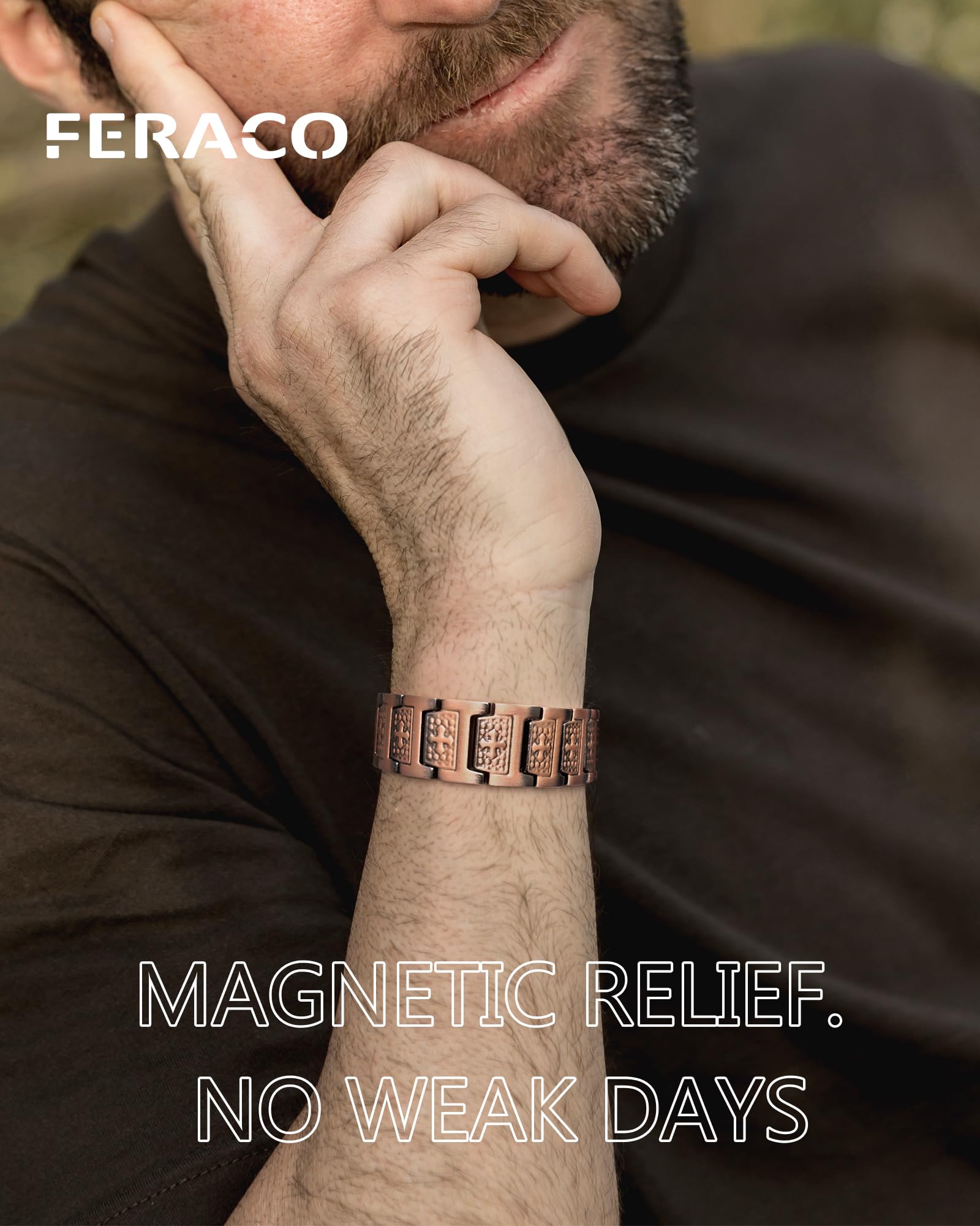 Feraco Copper Cross Bracelet worn on wrist for daily wear versatility