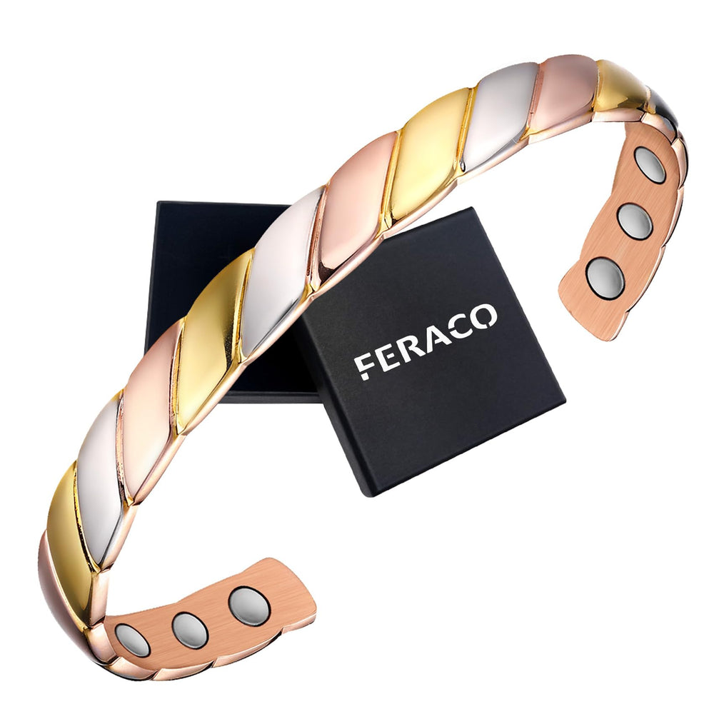 Feraco copper magnetic bracelet close-up shows six magnets for everyday wear.