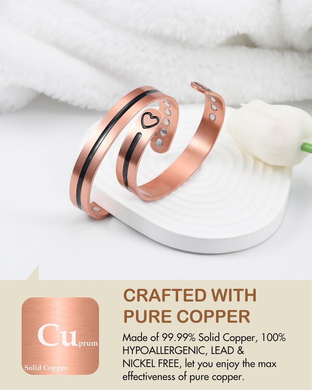 Feraco copper magnetic bracelet open adjustable band ready for daily wear.