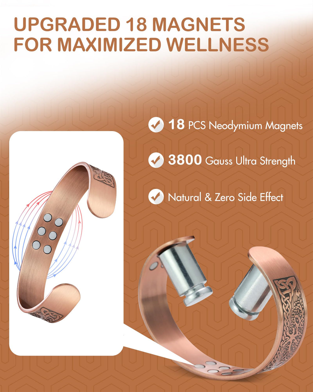 Feraco copper magnetic bracelet open-closure design for easy wear on any wrist