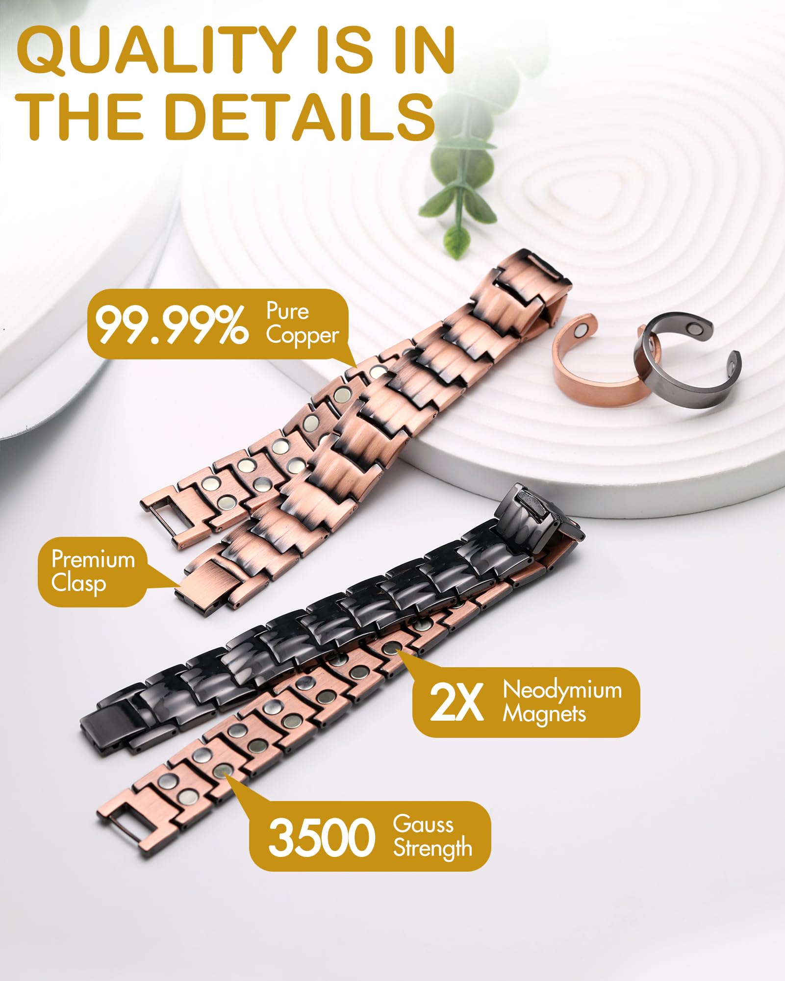 Feraco copper magnetic bracelet side view showing double-row magnets