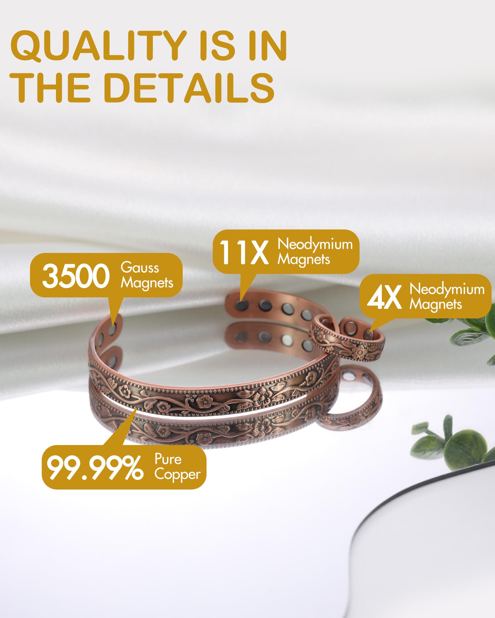Feraco magnetic copper jewelry pairs well with watches and accessories.