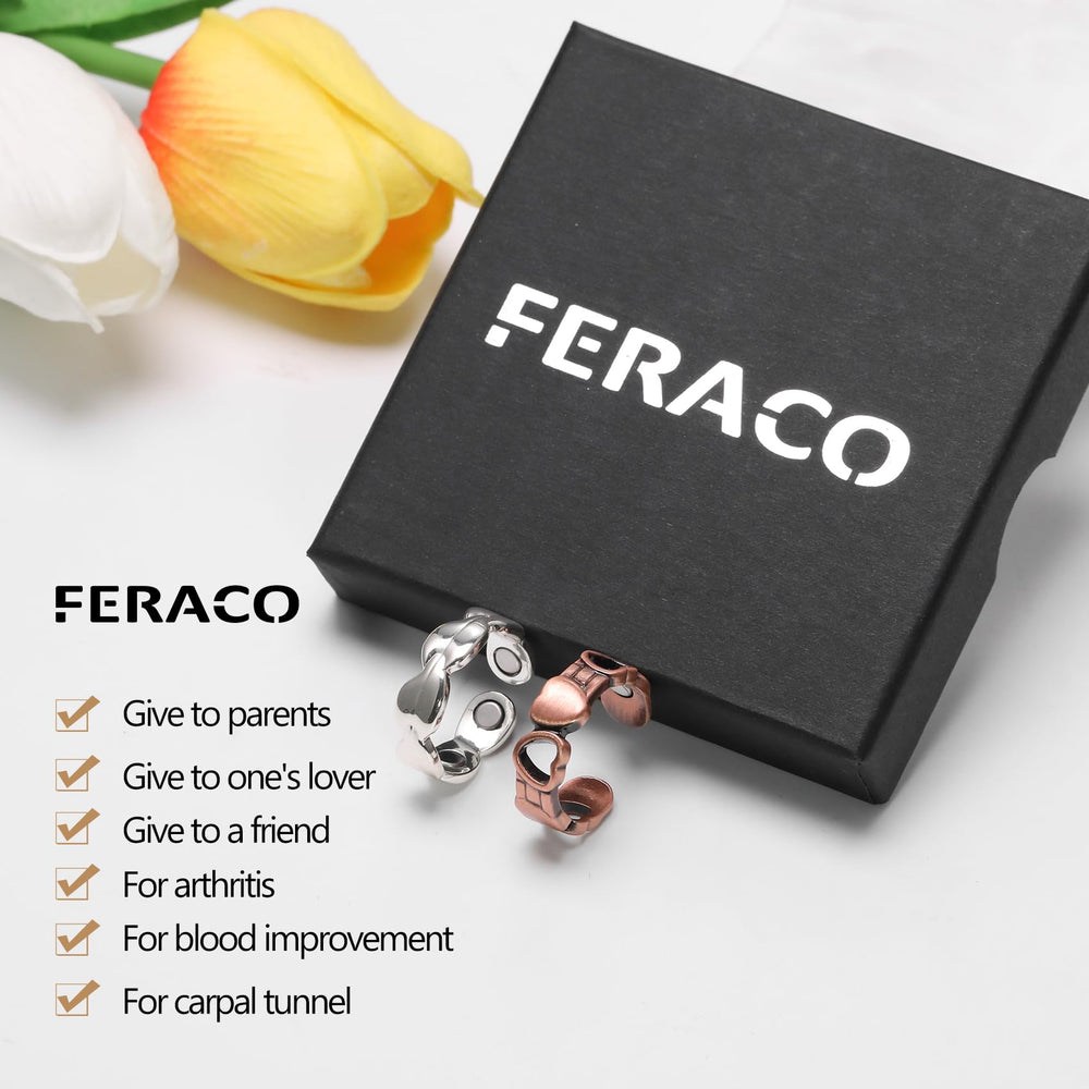Feraco copper magnetic ring shown as hypoallergenic jewelry for sensitive skin.