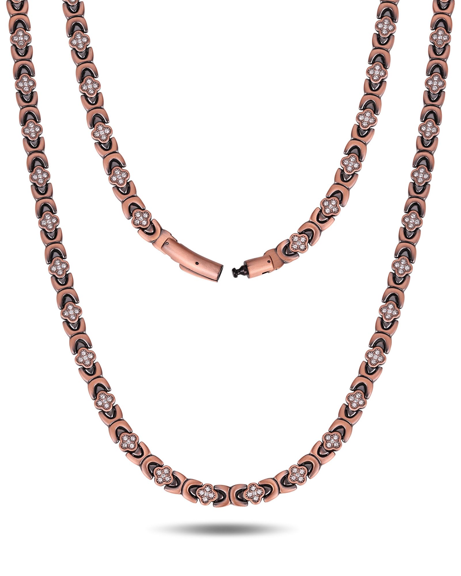 Feraco copper necklace close-up with sparkling cubic zirconia accents