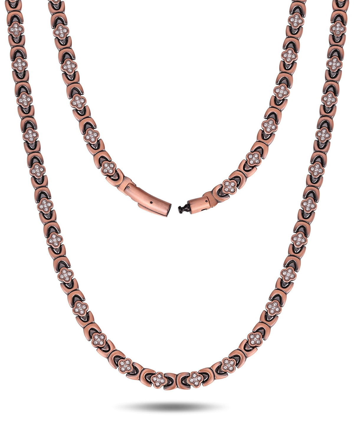 Feraco copper necklace close-up with sparkling cubic zirconia accents