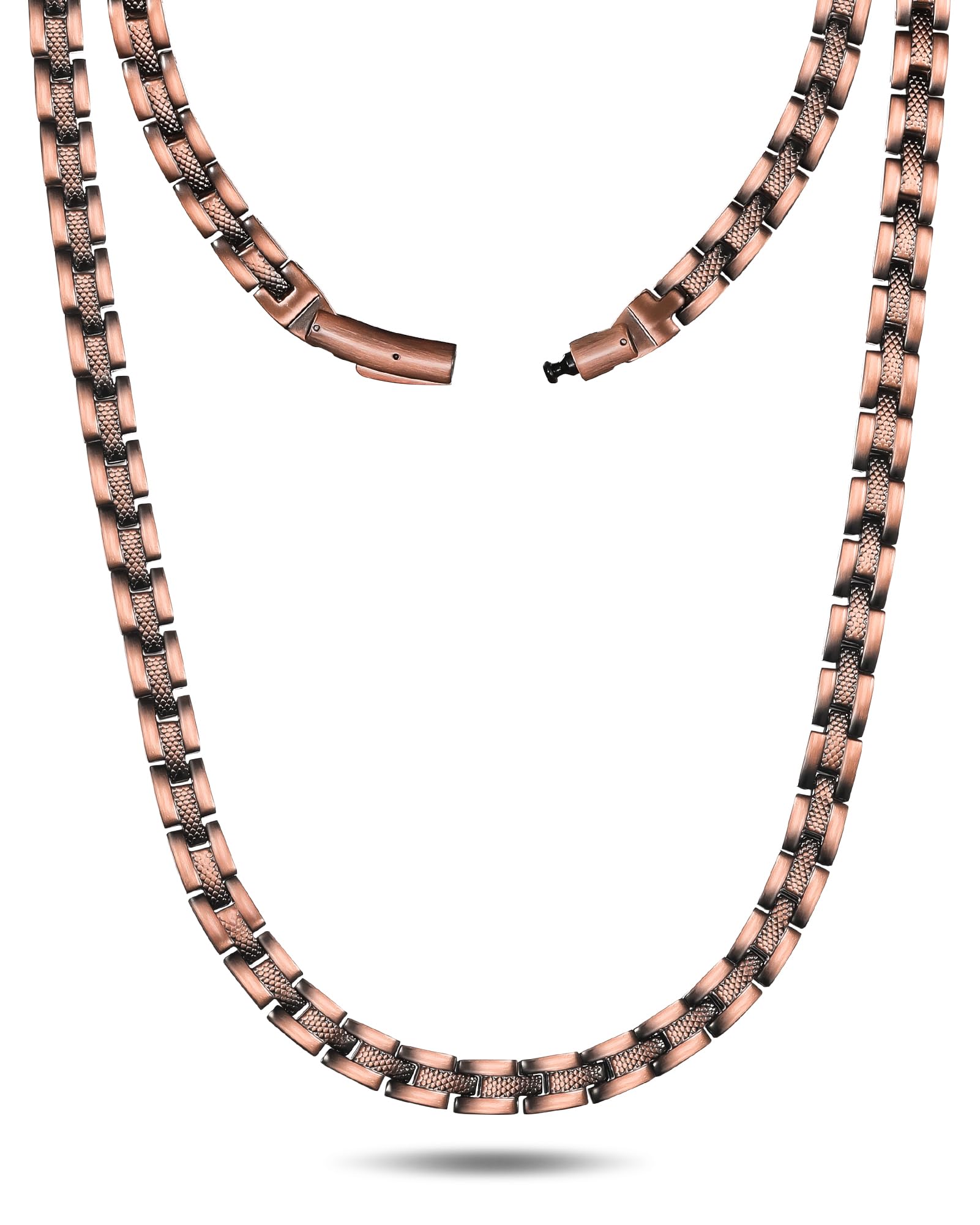 Feraco copper necklace closeup clasp demonstrates secure, easy-wear design for daily use.