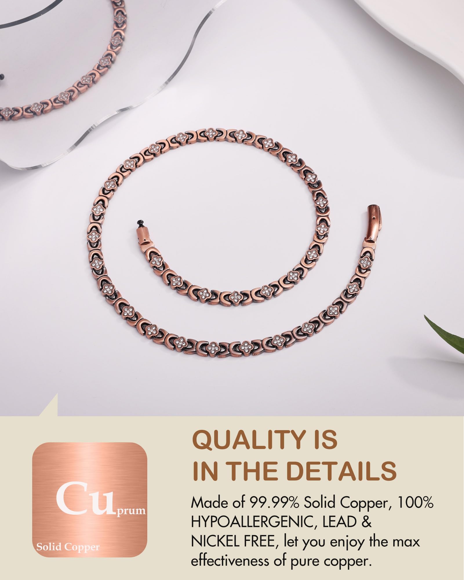 Feraco copper necklace four-leaf clover infinity pendant with CZ shine