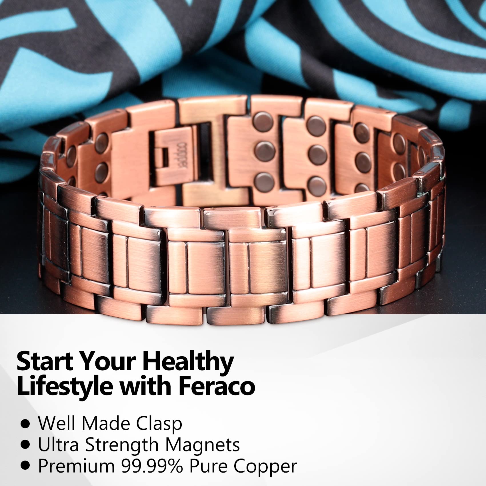 Feraco durable clasp secures copper bracelet