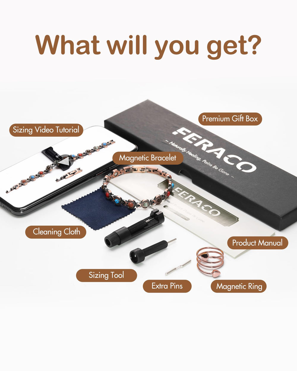 Feraco gift box included with sizing tool and manual
