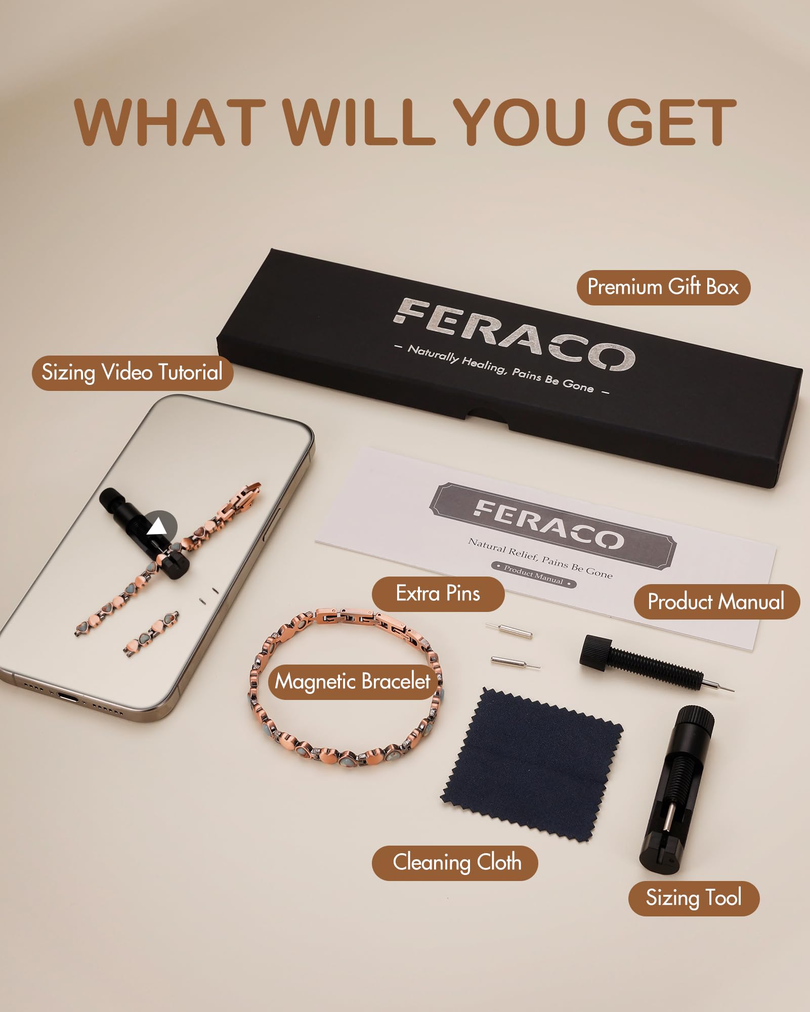 Feraco gift-ready box includes sizing tool and manual.