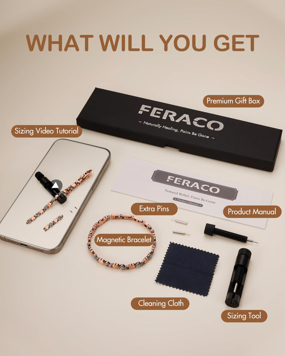 Feraco gift-ready box includes sizing tool and manual.