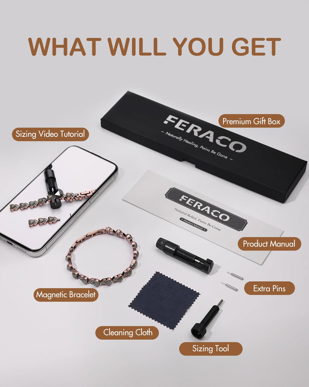 Feraco gift box included with sizing tool and instructions for thoughtful gifting.