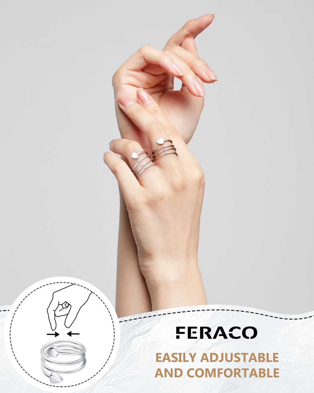 Feraco heart-design ring detail, bold yet subtle fashion statement.