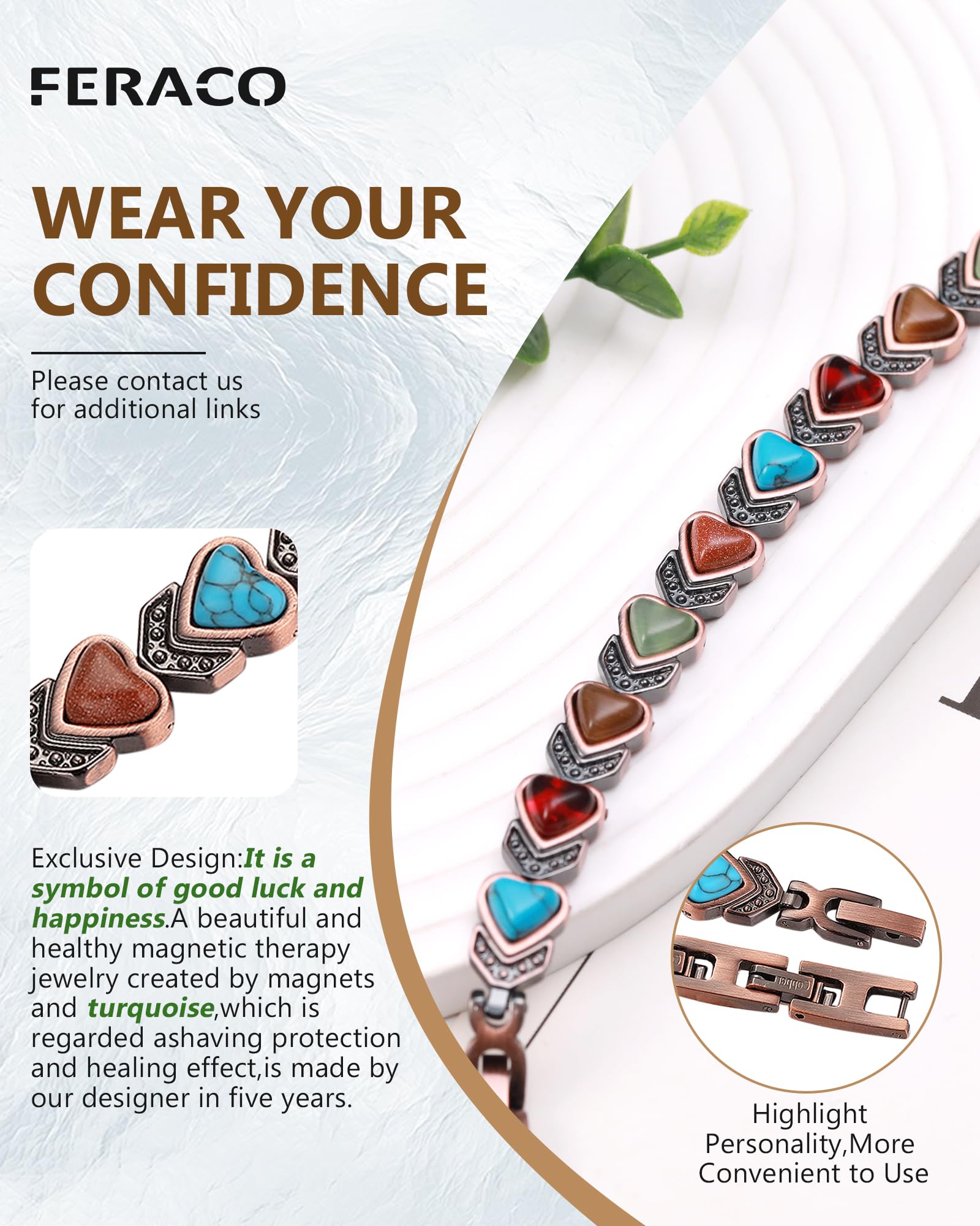 Heart turquoise gems on Feraco bracelet symbolize confidence and good fortune.