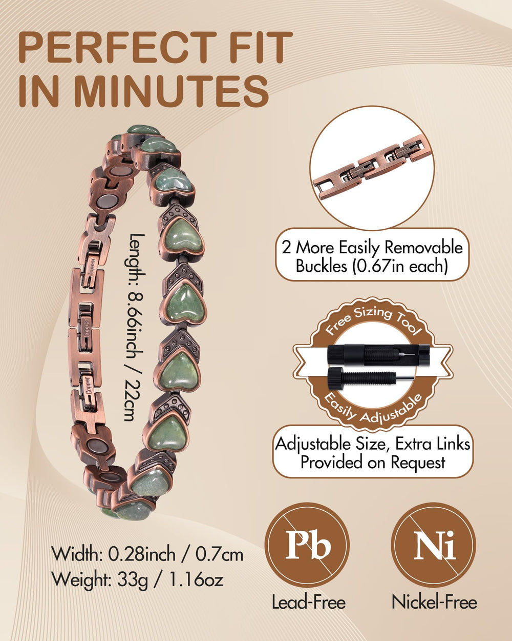 Feraco hypoallergenic copper jewelry free from nickel and lead for sensitive skin.
