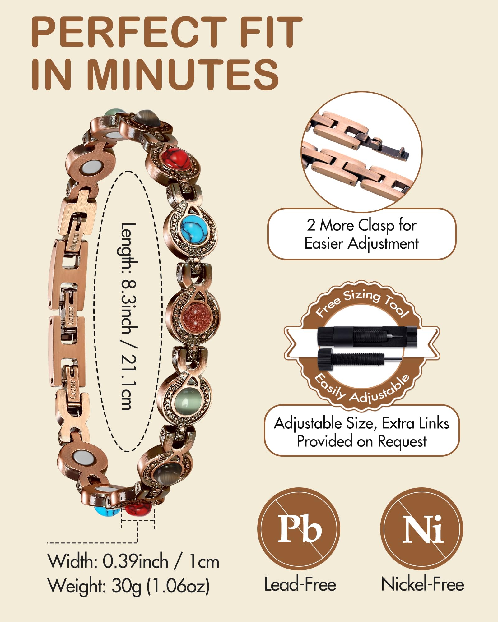 Feraco hypoallergenic copper is nickel- and lead-free for sensitive skin.