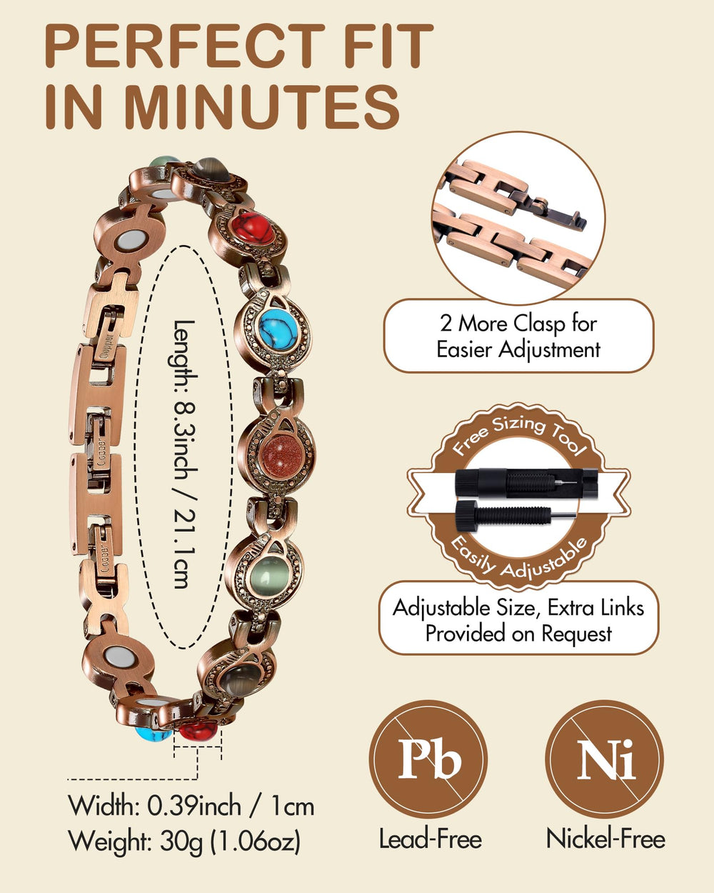Feraco hypoallergenic copper is nickel- and lead-free for sensitive skin.