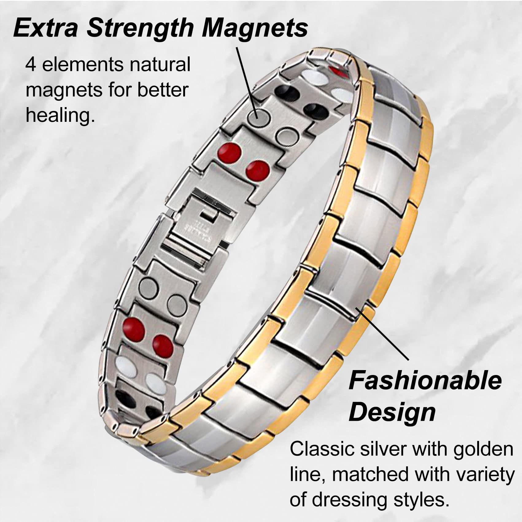 Feraco IP vacuum plated silver-gold finish resists scratches.