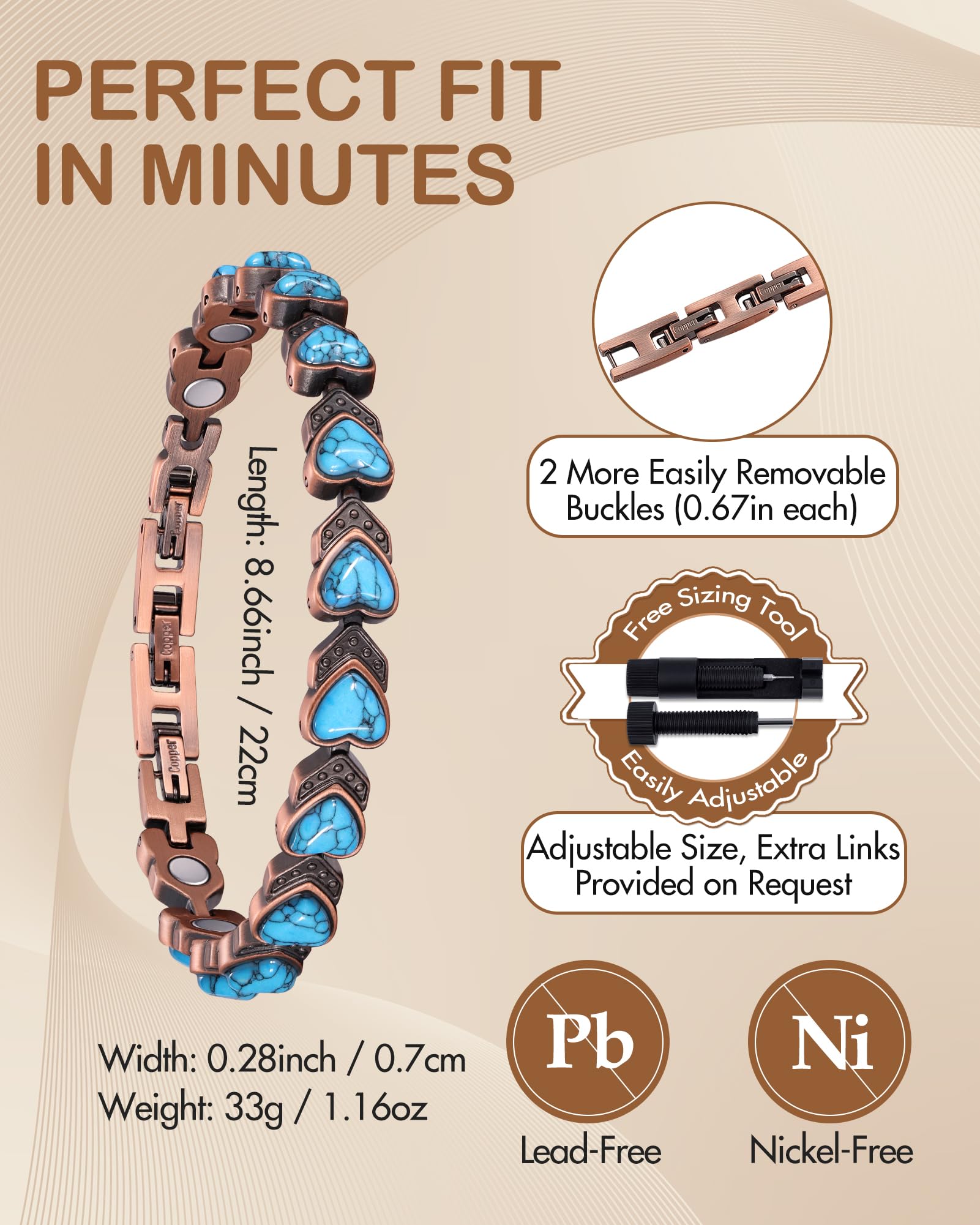 Feraco lightweight waterproof copper bracelet ready for all-day wear.
