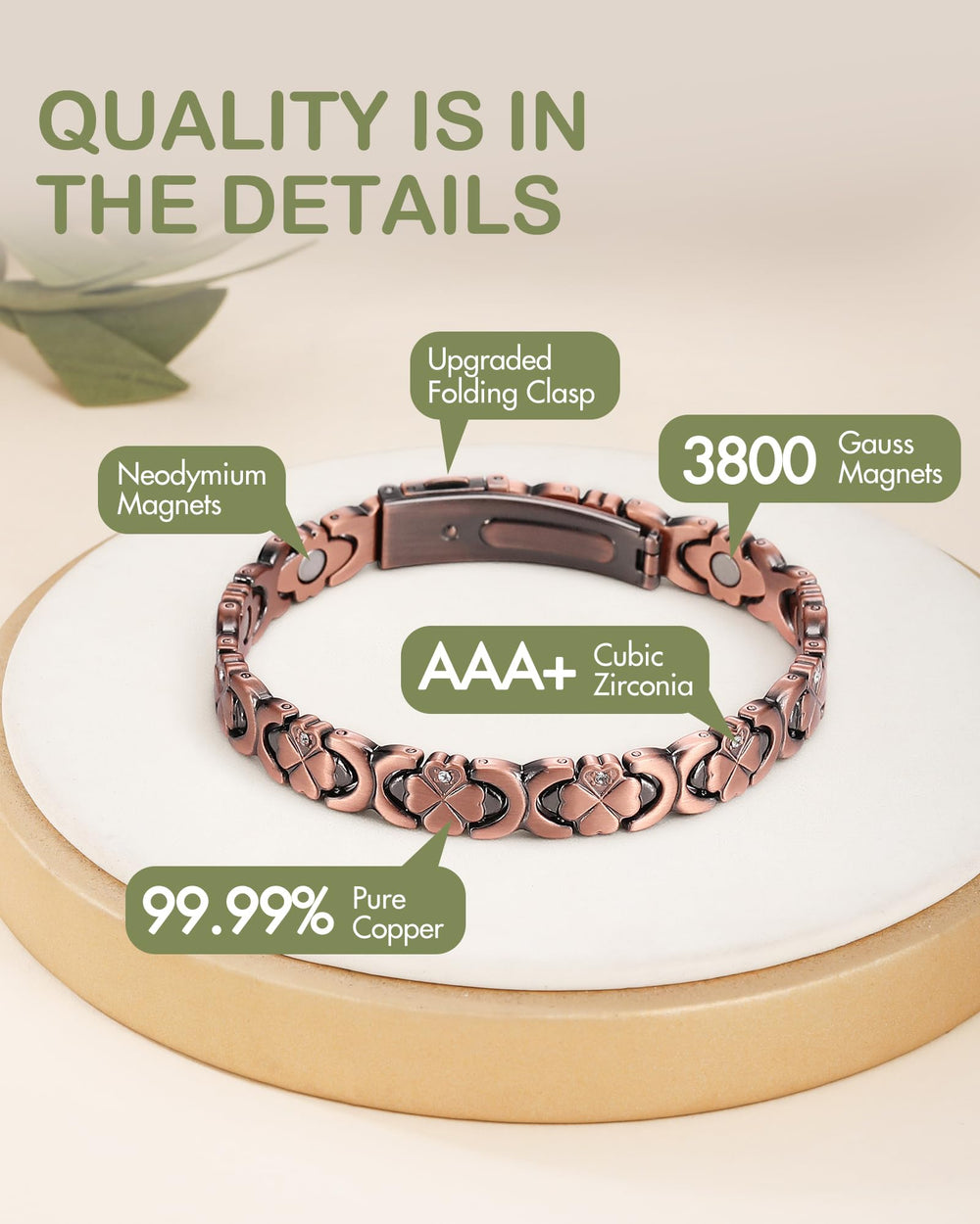 Feraco magnetic bracelet close-up shows strong magnets and secure wear