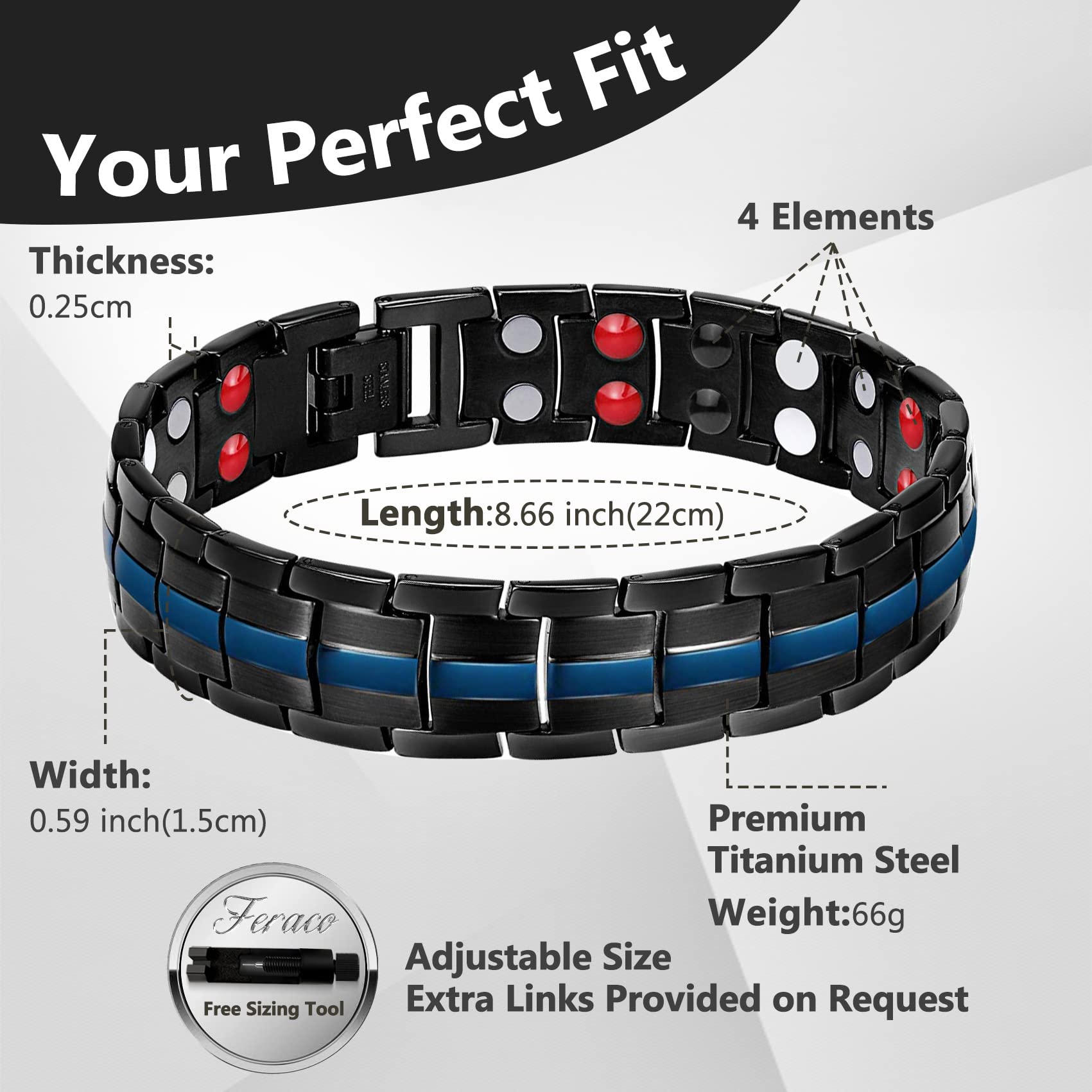 Feraco magnetic bracelet magnets close-up reveals four-element arrangement.