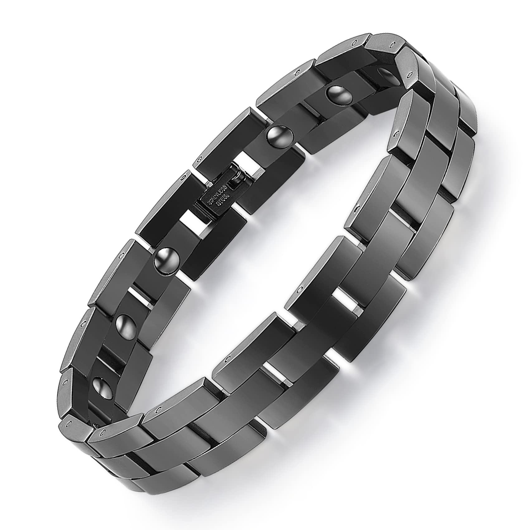 Feraco magnetic bracelet for men in black, front view showing a sleek titanium finish for daily wear.