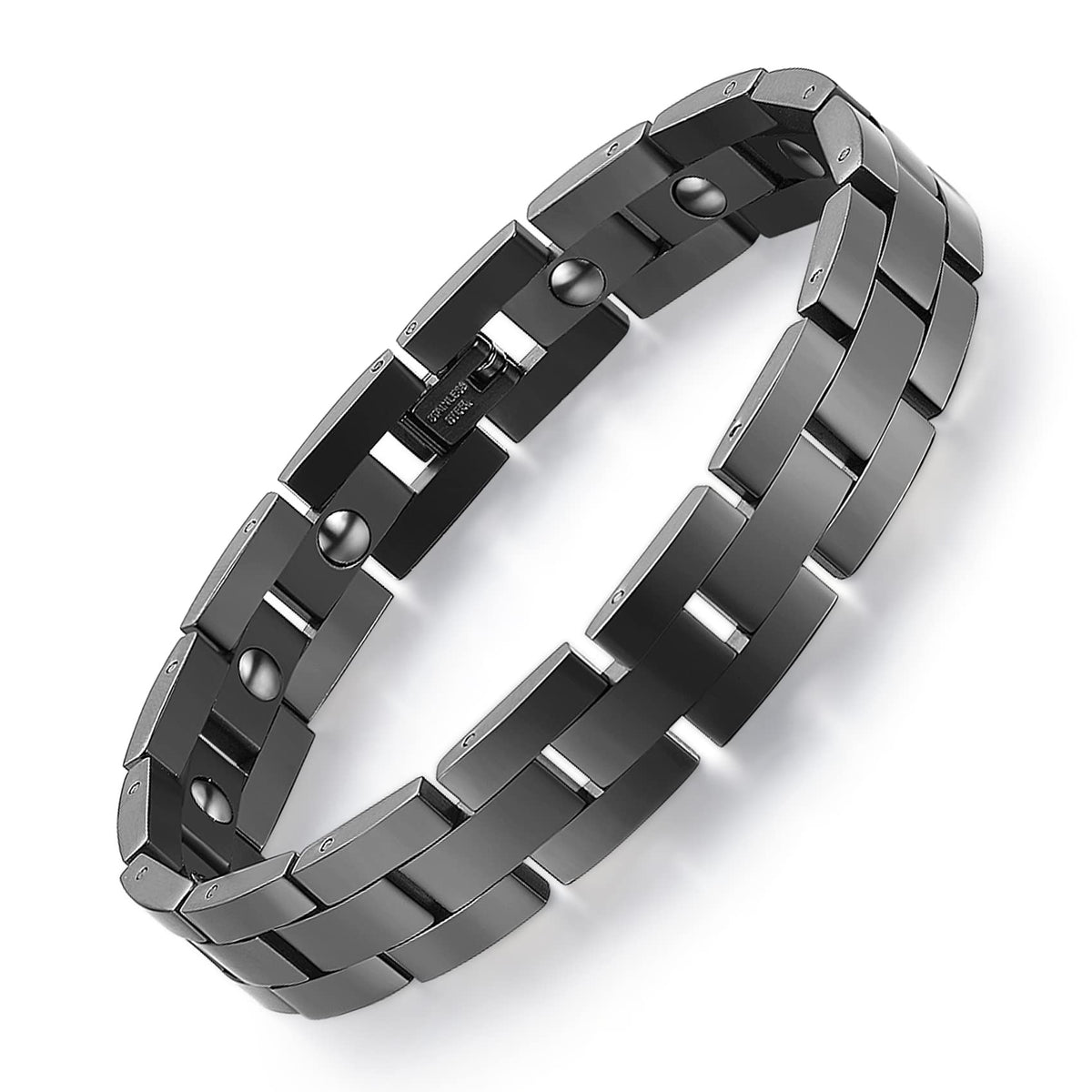 Feraco magnetic bracelet for men in black, front view showing a sleek titanium finish for daily wear.