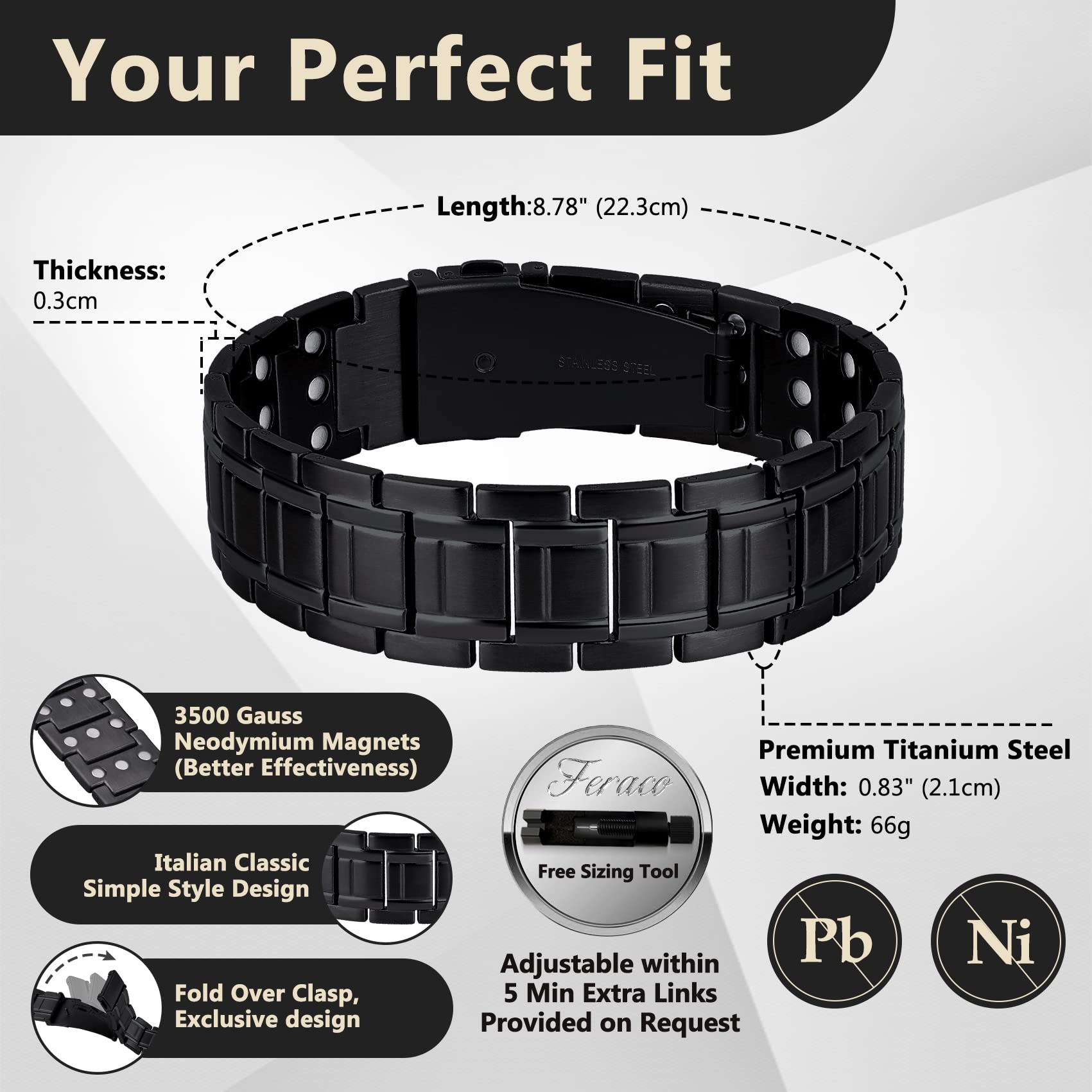 Feraco titanium steel bracelet highlights hypoallergenic durable material