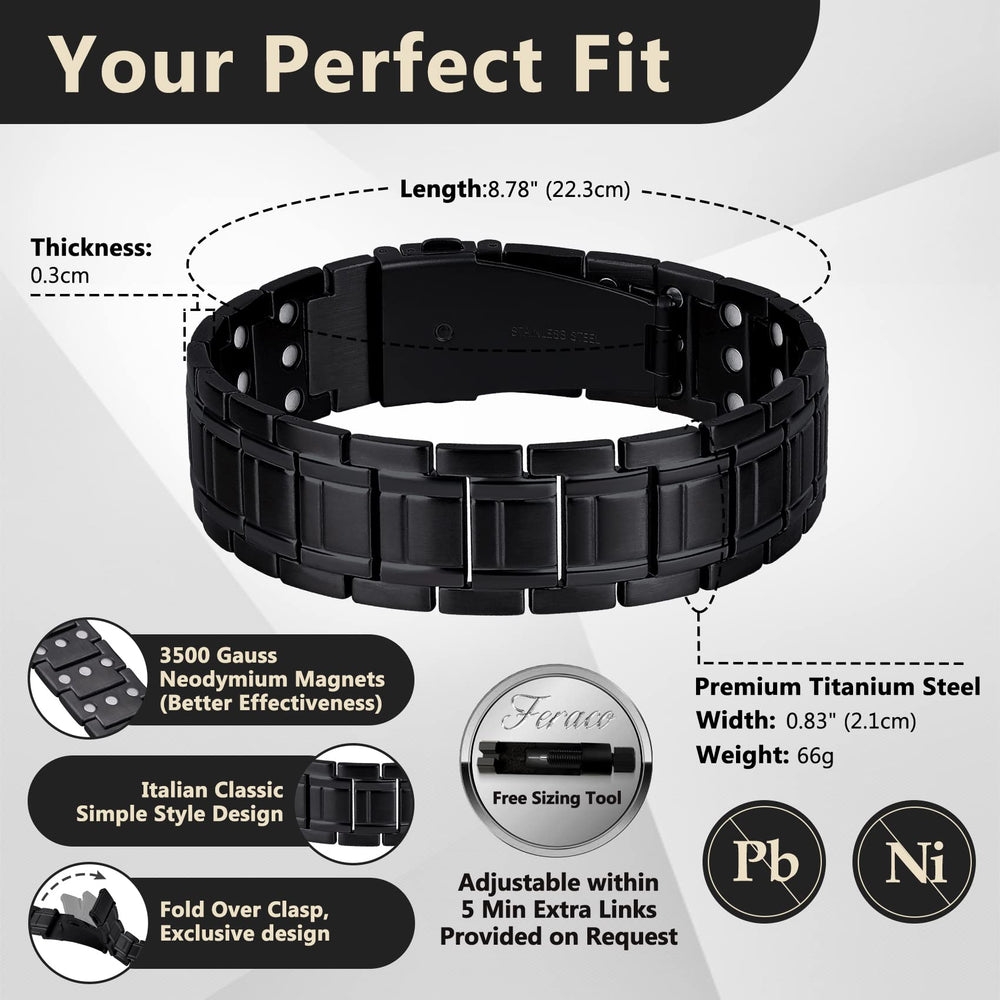 Feraco titanium steel bracelet highlights hypoallergenic durable material