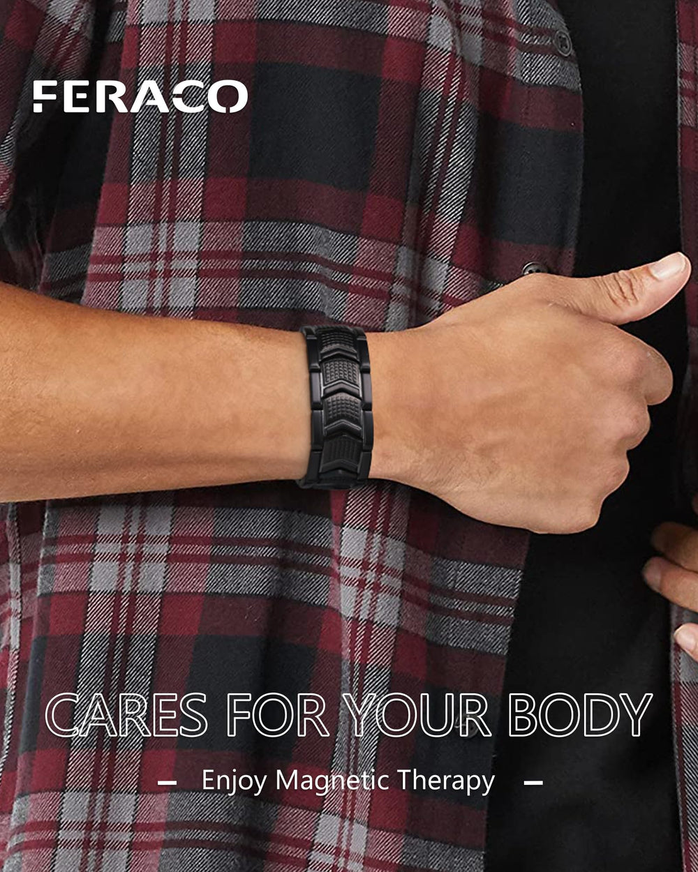 Feraco magnetic bracelet sizing tool demonstrates easy adjustable fit.