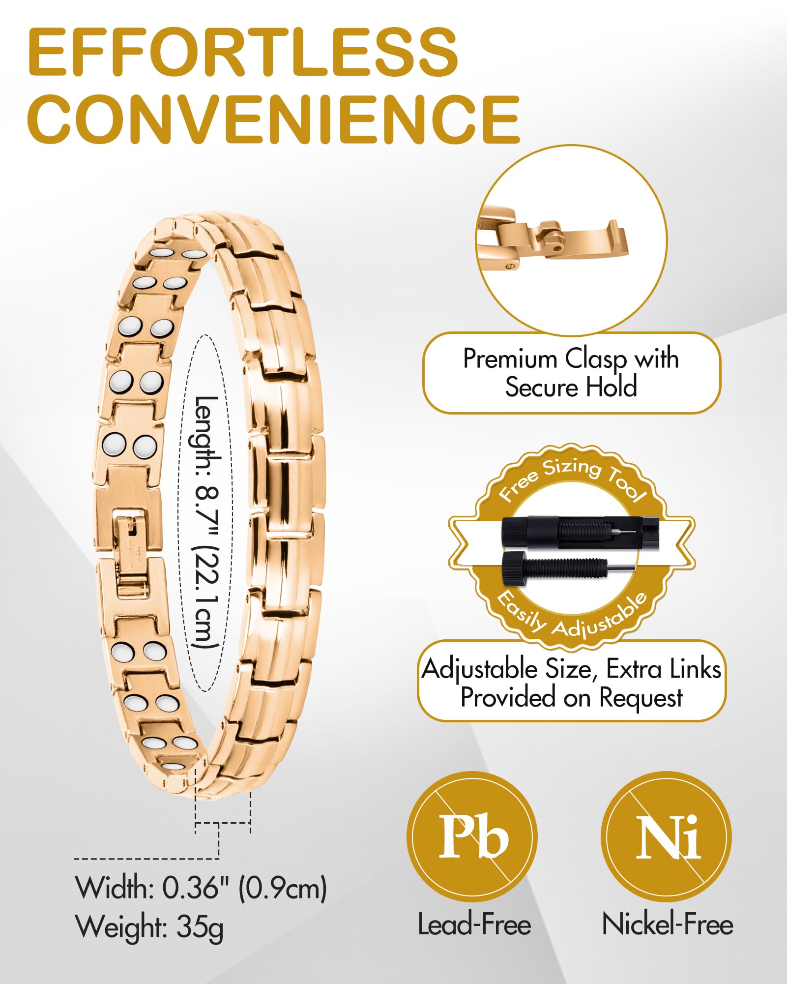 Feraco bracelet color options include rose gold, silver, and black.