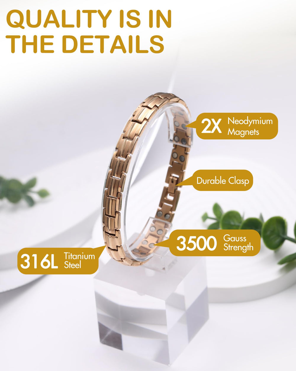 Feraco bracelet worn on wrist in rose gold for daily wear.
