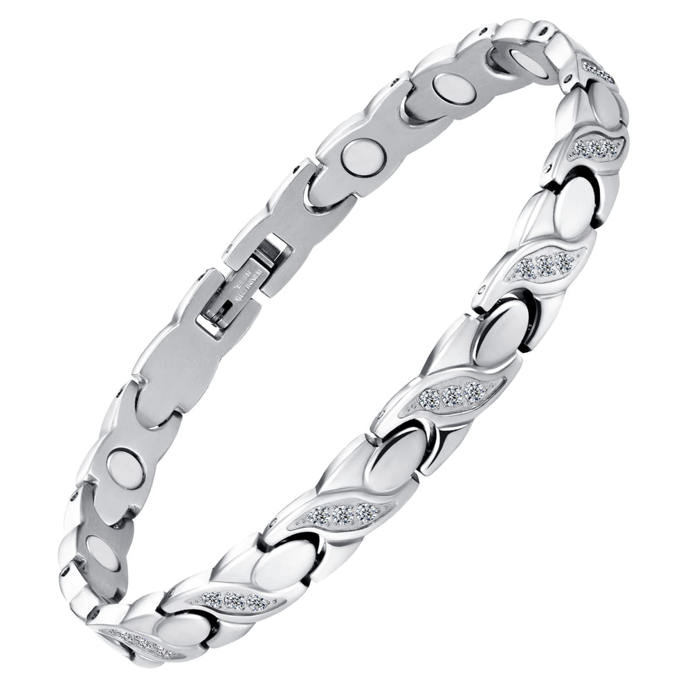 Feraco silver magnetic bracelet close-up reveals crystals for everyday elegance.