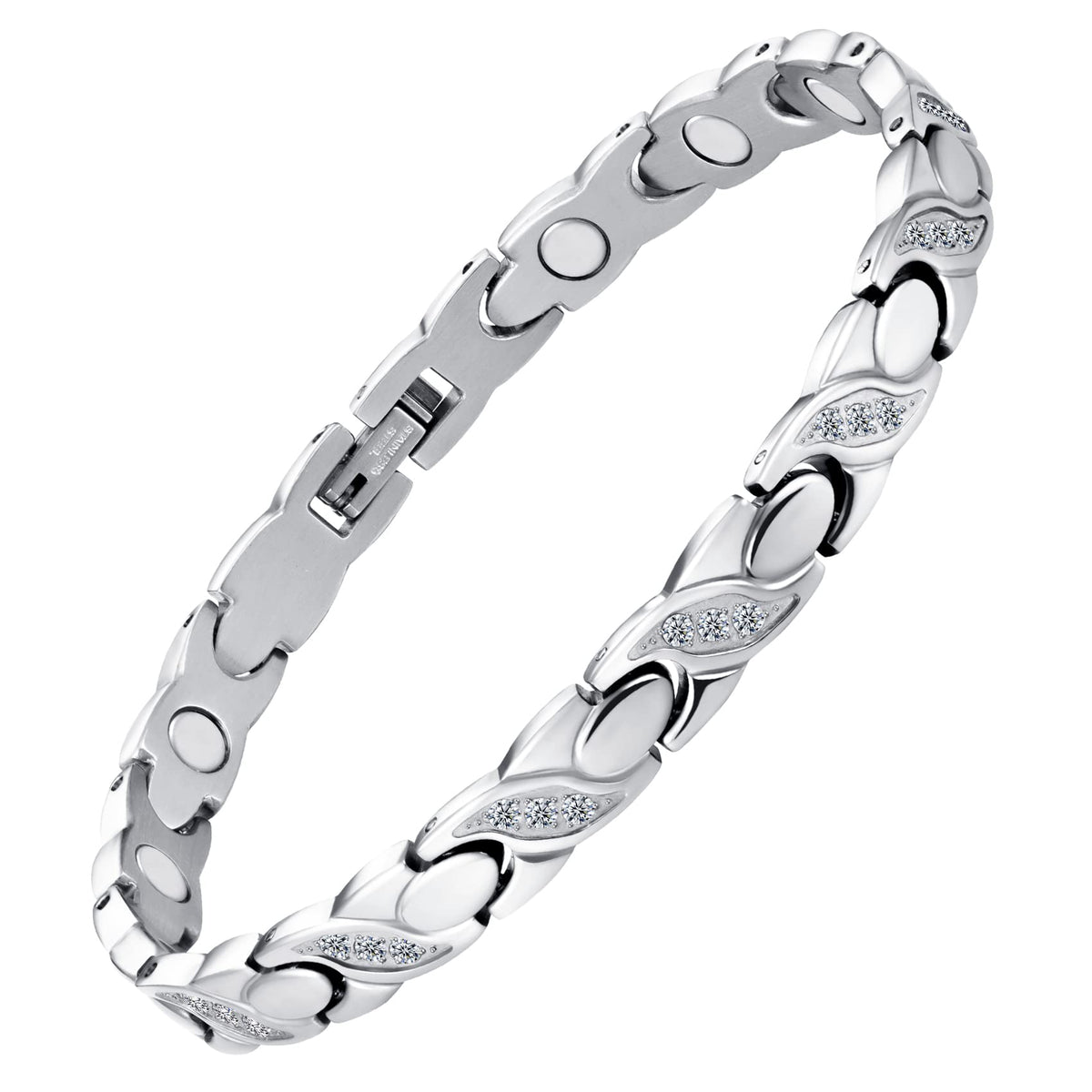 Feraco silver magnetic bracelet close-up reveals crystals for everyday elegance.
