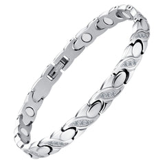 Feraco silver magnetic bracelet close-up reveals crystals for everyday elegance.