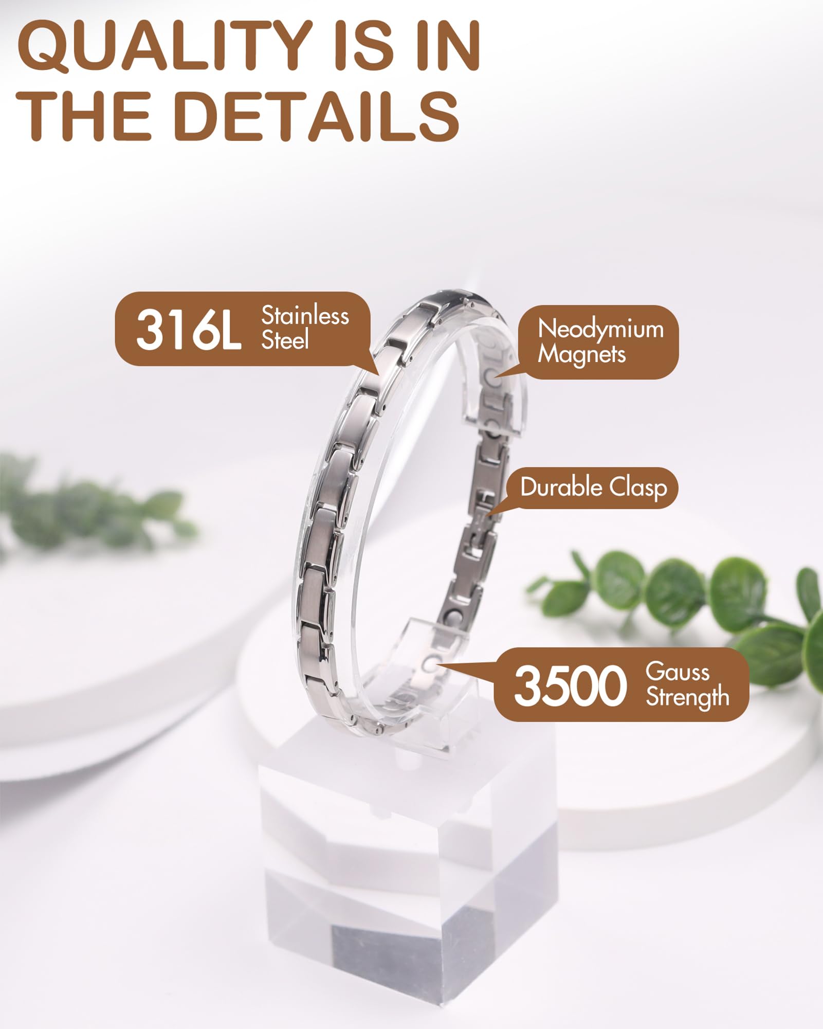Feraco magnetic bracelet on woman's wrist, near-skin magnet proximity