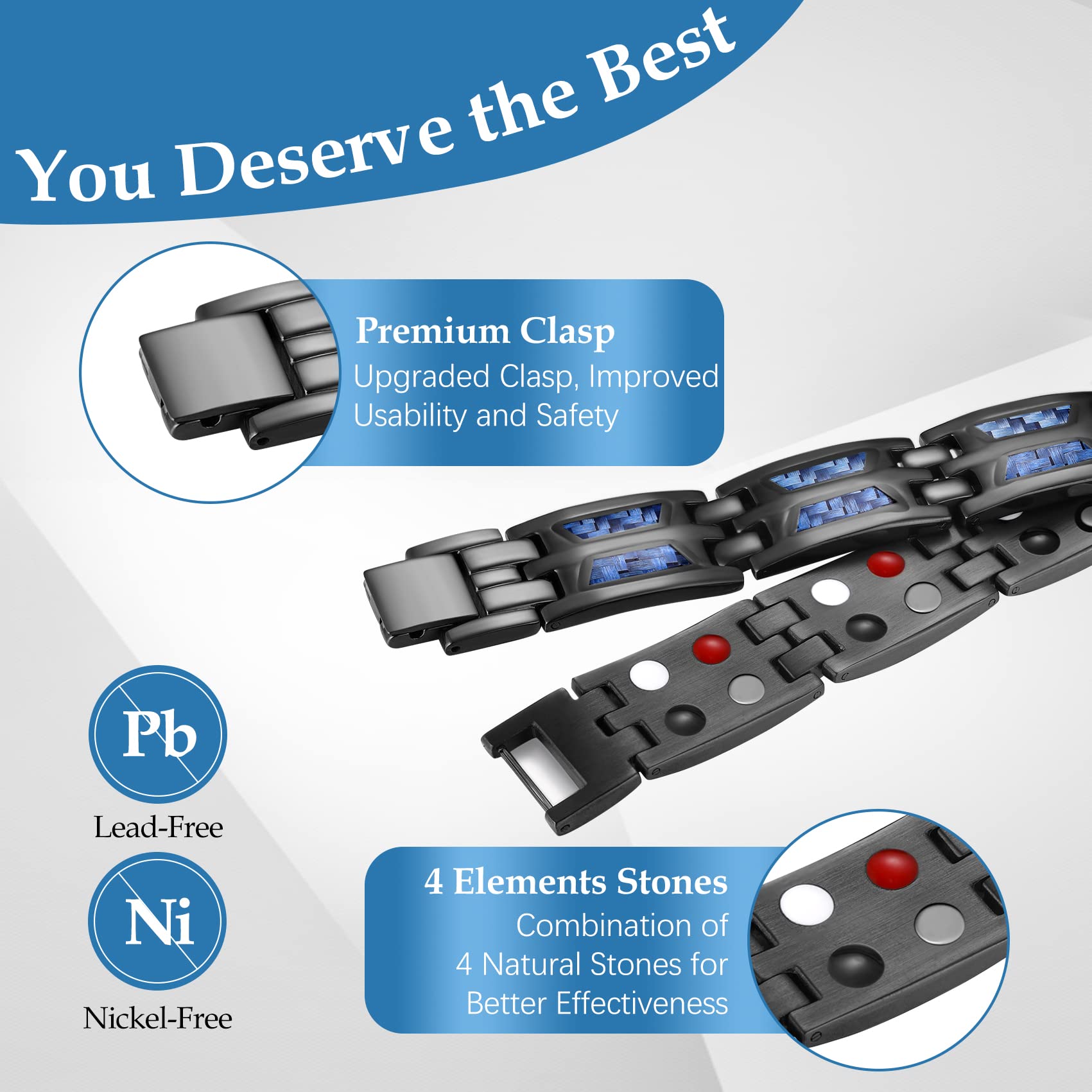 Feraco bracelet showcasing four-element magnets for strong, versatile wear.
