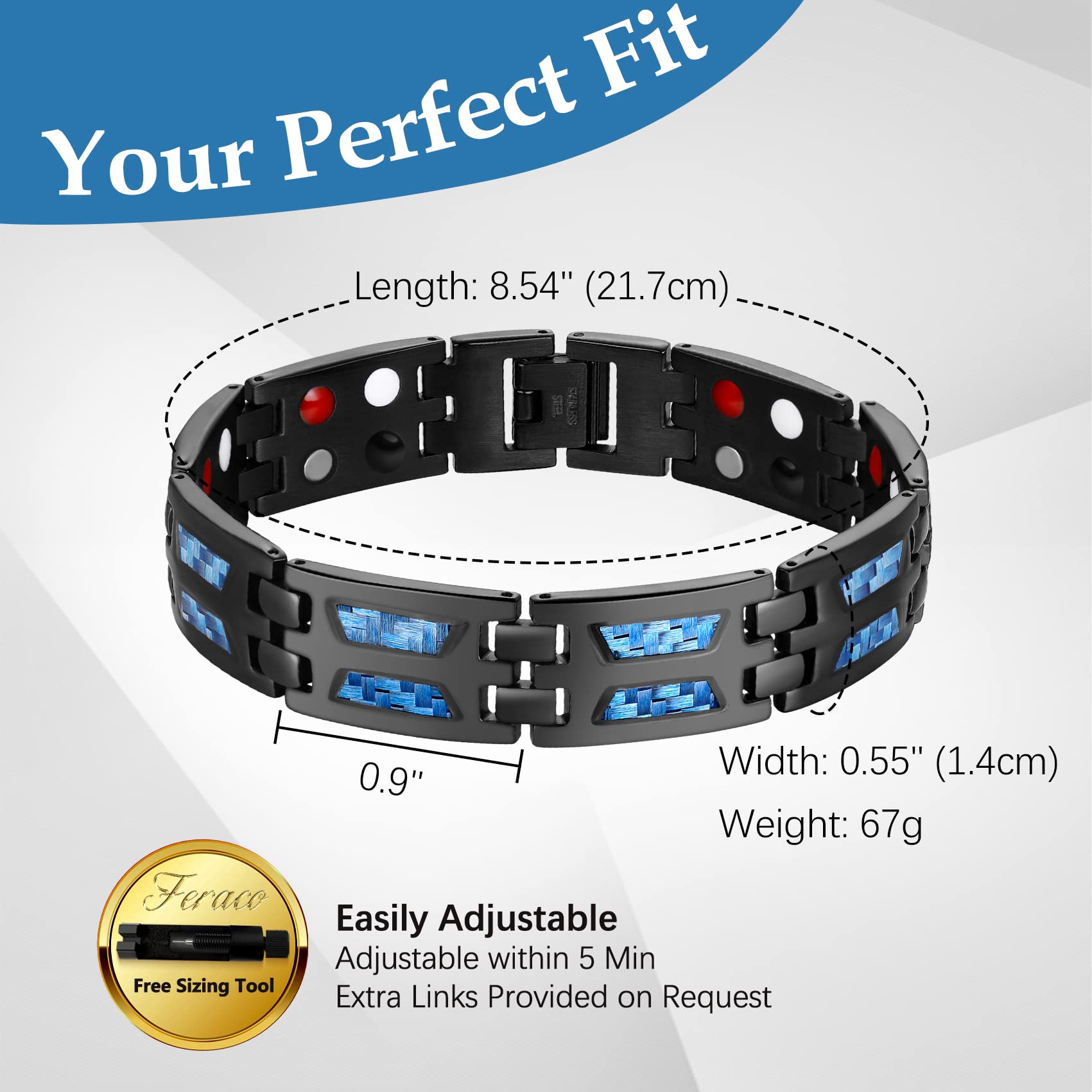 Feraco adjustable bracelet with sizing tool for precise fit.