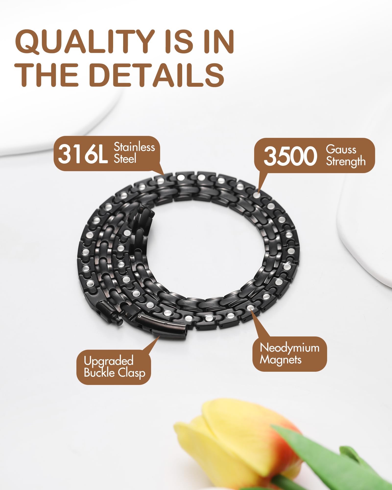 Feraco necklace magnets close-up showing ultra-strong neodymium magnets for reliable hold.