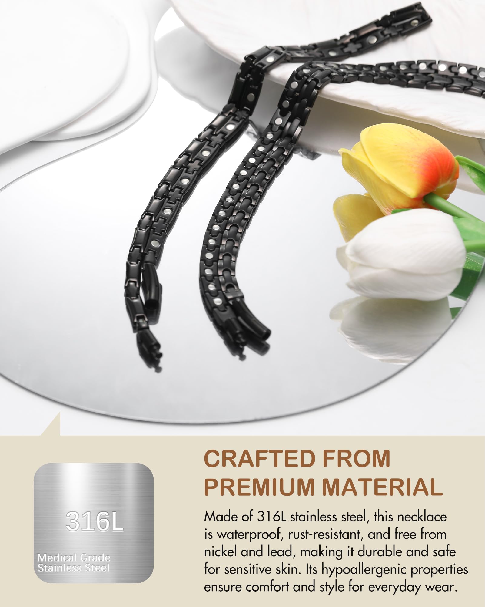 Feraco magnetic necklace lifestyle shot showing versatile styling options.