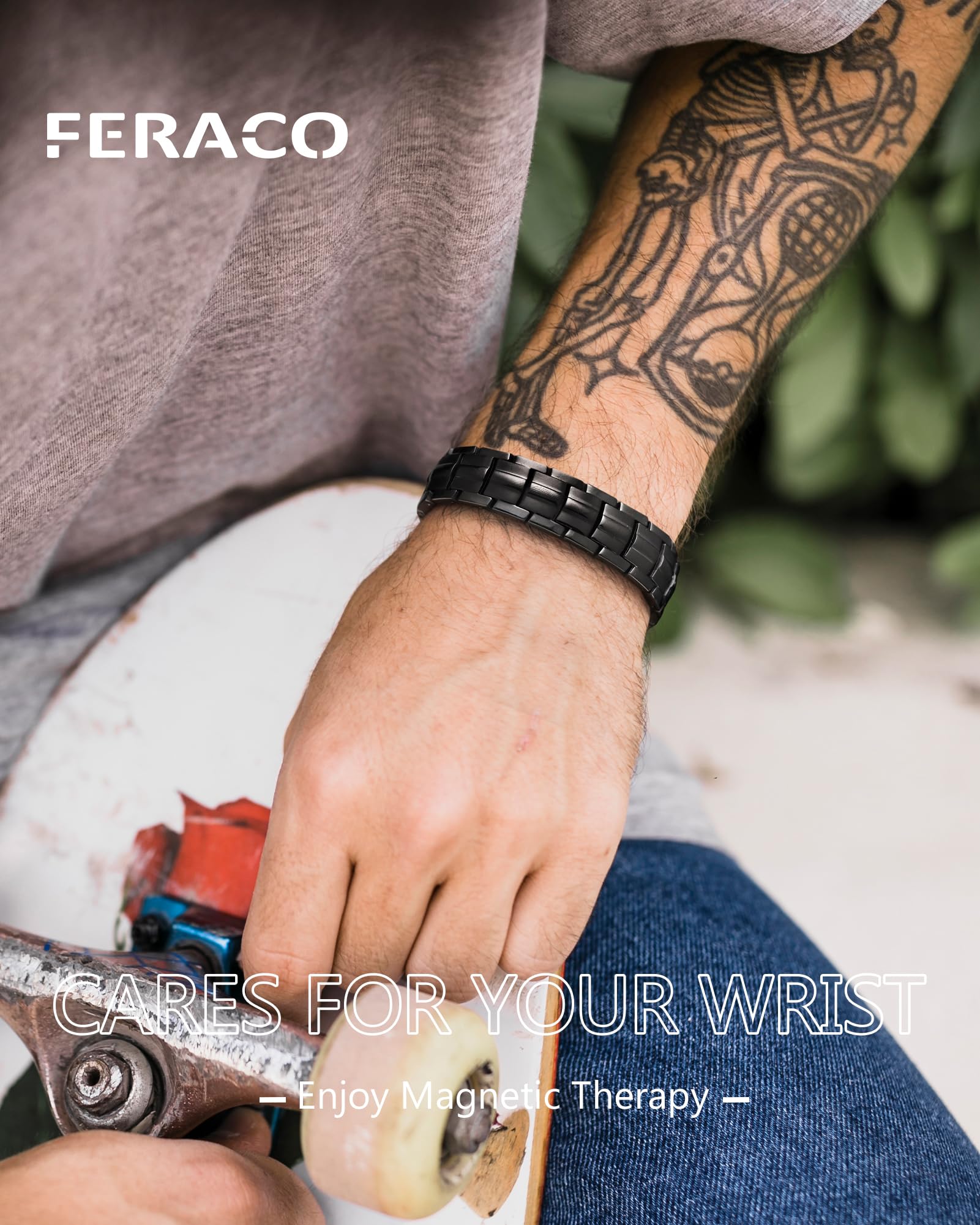 Feraco magnetic therapy bracelet with adjustable sizing tool for a secure, customized fit.