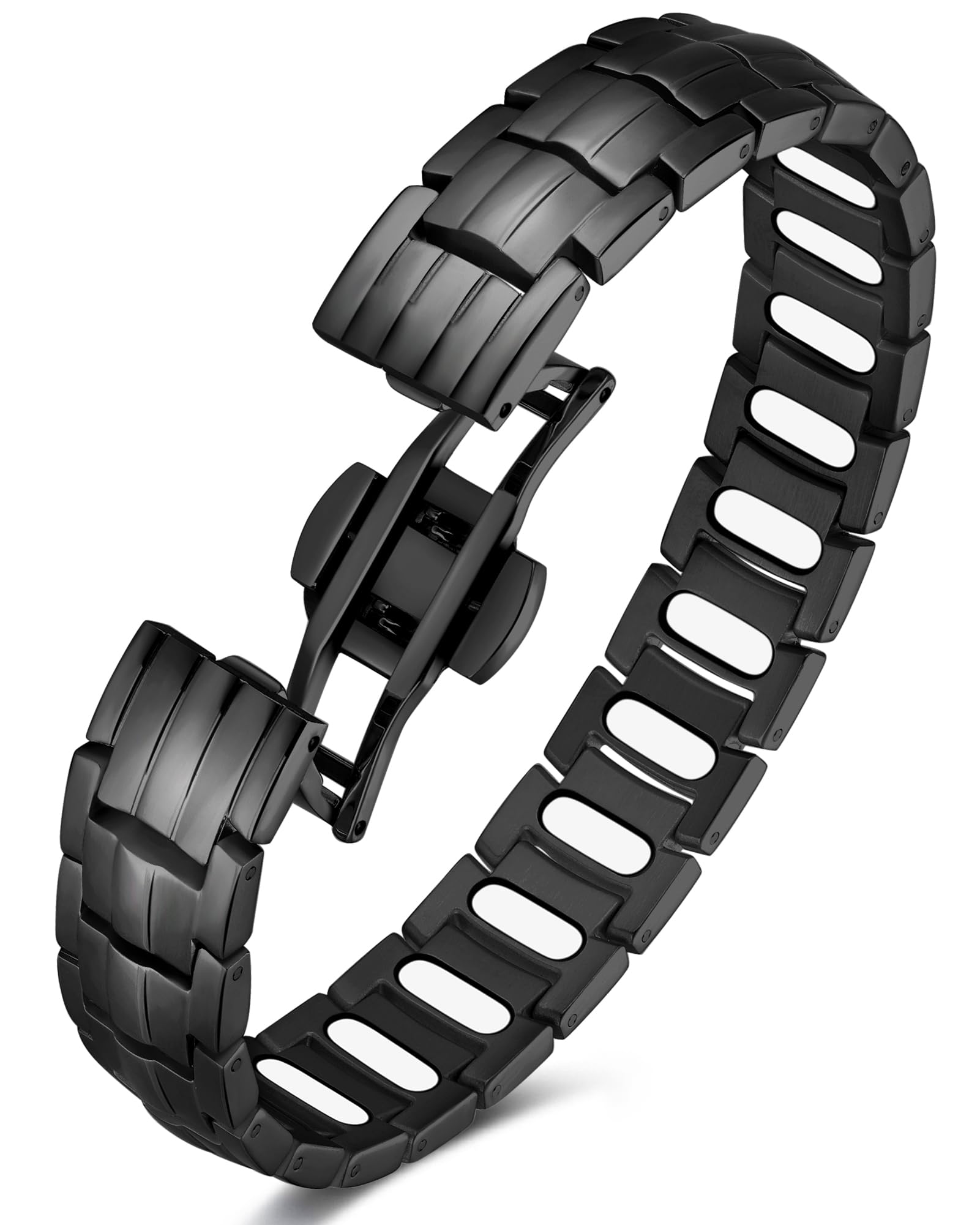 Feraco magnetic therapy bracelet close-up in black titanium, premium finish for daily wear.