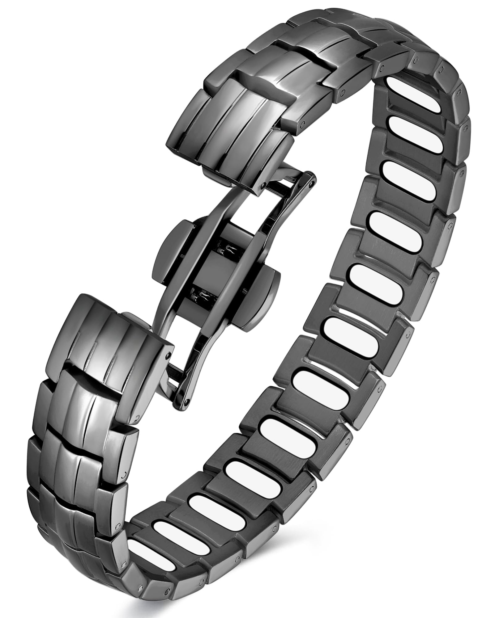 Feraco magnetic therapy bracelet for men in gray, close-up shows magnet-rich design for potential calm